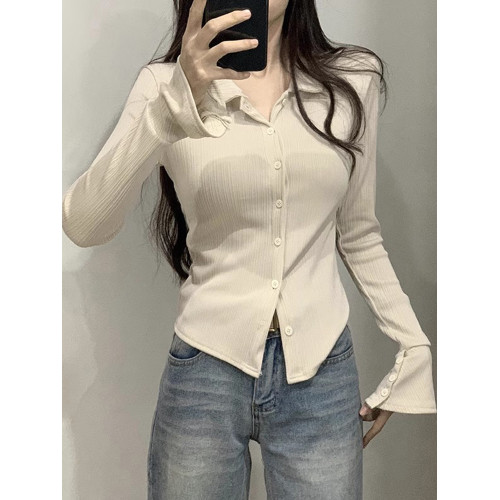 Polo領辣妹正肩長袖T恤女秋季設計感修身內搭打底衫喇叭袖上衣潮 Polo領辣妹正肩長袖T恤女秋季設計感修身內搭打底衫喇叭袖上衣潮