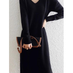 大牌一線剪標歐貨2024秋冬寬松v領長款毛衣打底針織連衣裙女