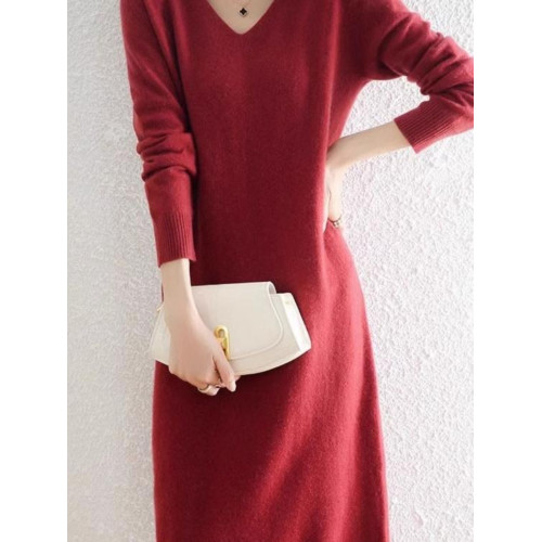 大牌一線剪標歐貨2024秋冬寬松v領長款毛衣打底針織連衣裙女 大牌一線剪標歐貨2024秋冬寬松v領長款毛衣打底針織連衣裙女