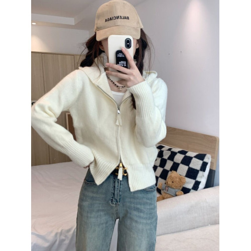 雙拉鍊連帽針織衫短款上衣小衆外套女春秋新款內搭打底衫毛衣開衫