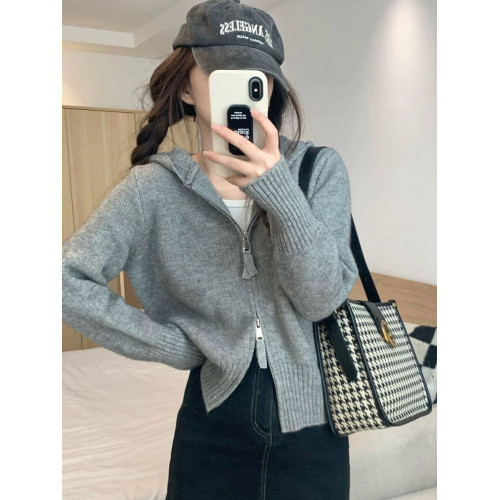 雙拉鍊連帽針織衫短款上衣小衆外套女春秋新款內搭打底衫毛衣開衫