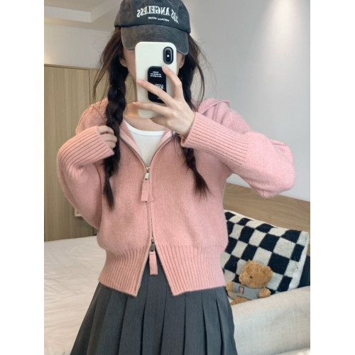 雙拉鍊連帽針織衫短款上衣小衆外套女春秋新款內搭打底衫毛衣開衫