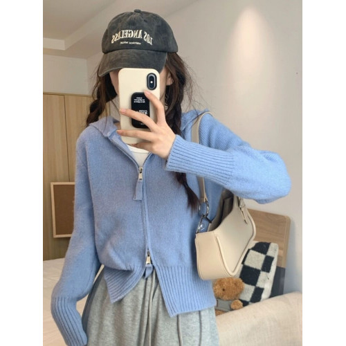 雙拉鍊連帽針織衫短款上衣小衆外套女春秋新款內搭打底衫毛衣開衫