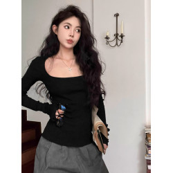 美式復古辣妹方領露鎖骨針織衫女秋冬慵懶風長袖修身顯瘦打底上衣