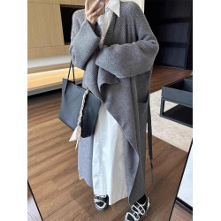 韓系長款浴袍式毛衣外套女2024秋季新款翻領系帶寬松顯瘦針織開衫