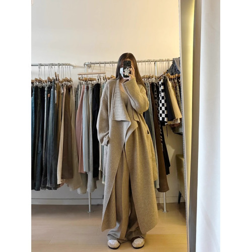 韓系長款浴袍式毛衣外套女2024秋季新款翻領系帶寬松顯瘦針織開衫