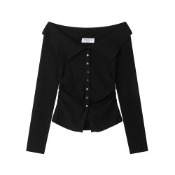 XinmonLee高級感性感露肩針織打底衫一字肩早秋季收腰顯瘦短上衣