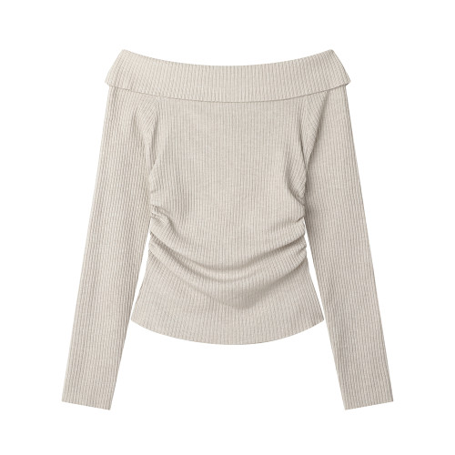 XinmonLee高級感性感露肩針織打底衫一字肩早秋季收腰顯瘦短上衣