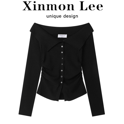 XinmonLee高級感性感露肩針織打底衫一字肩早秋季收腰顯瘦短上衣
