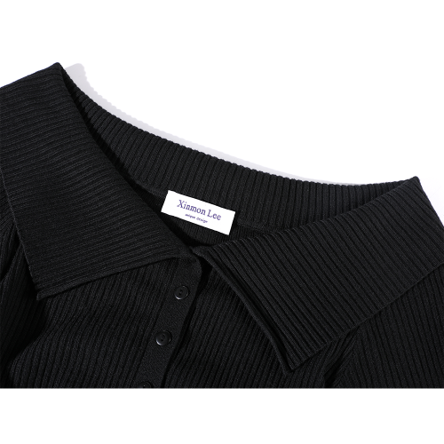 XinmonLee高級感性感露肩針織打底衫一字肩早秋季收腰顯瘦短上衣