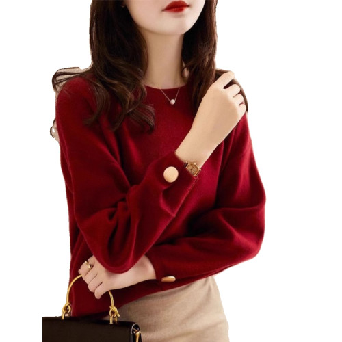 紅色針織衫女2025春秋新款溫柔氣質寬松圓領套頭上衣軟糯慵懶毛衣