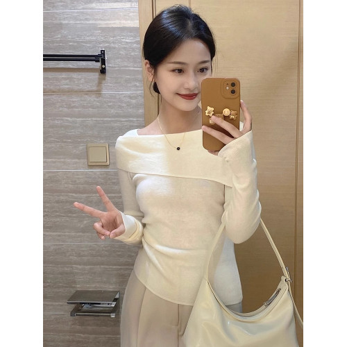 法式溫柔風一字肩針織打底衫2025春秋修身長袖上衣毛衣高級感女裝 法式溫柔風一字肩針織打底衫2025春秋修身長袖上衣毛衣高級感女裝