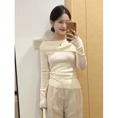 法式溫柔風一字肩針織打底衫2025春秋修身長袖上衣毛衣高級感女裝 法式溫柔風一字肩針織打底衫2025春秋修身長袖上衣毛衣高級感女裝