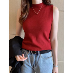 白色背心冰絲針織衫t恤女2025春夏季外穿半高領打底短款無袖上衣