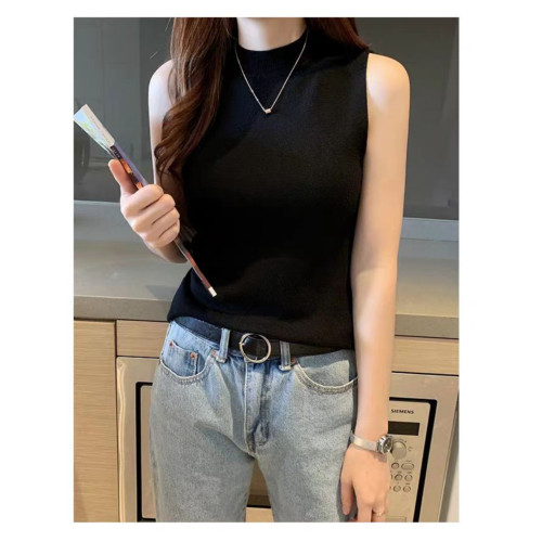 白色背心冰絲針織衫t恤女2025春夏季外穿半高領打底短款無袖上衣