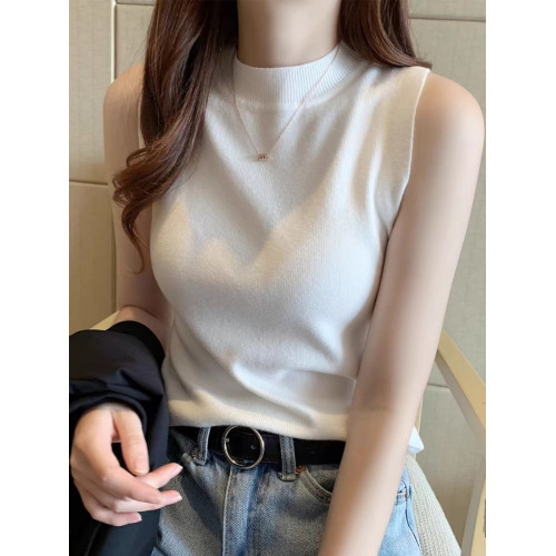 白色背心冰絲針織衫t恤女2025春夏季外穿半高領打底短款無袖上衣