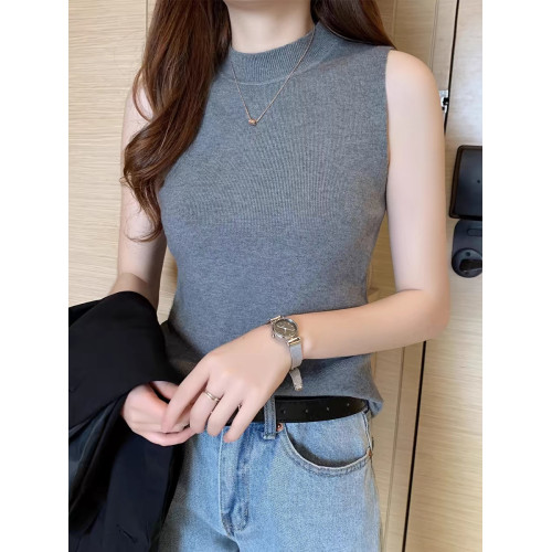 白色背心冰絲針織衫t恤女2025春夏季外穿半高領打底短款無袖上衣