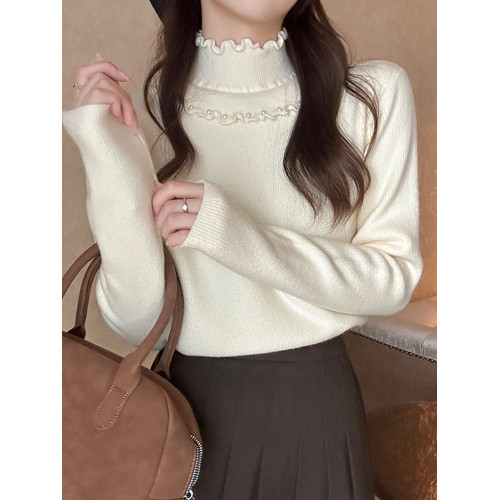 加絨半高領毛衣長袖高級感上衣女秋冬木耳邊內搭一體絨打底針織衫