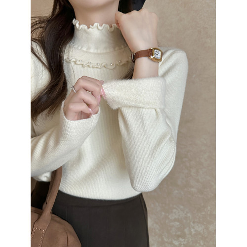 加絨半高領毛衣長袖高級感上衣女秋冬木耳邊內搭一體絨打底針織衫