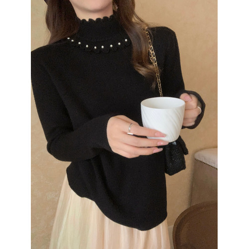 加絨半高領毛衣長袖高級感上衣女秋冬木耳邊內搭一體絨打底針織衫