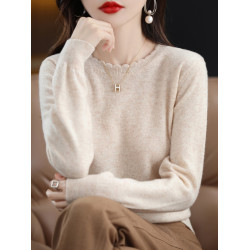 軟糯休閒花邊圓領打底衫女新款洋氣羊絨秋冬毛衣長袖針織毛衫寬松