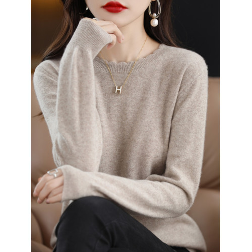 軟糯休閒花邊圓領打底衫女新款洋氣羊絨秋冬毛衣長袖針織毛衫寬松