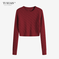 秋冬季圓領厚款毛衣女短款長袖修身高腰小個子內搭麻花針織打底衫