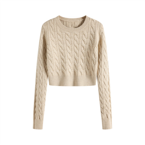 秋冬季圓領厚款毛衣女短款長袖修身高腰小個子內搭麻花針織打底衫