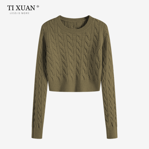 秋冬季圓領厚款毛衣女短款長袖修身高腰小個子內搭麻花針織打底衫