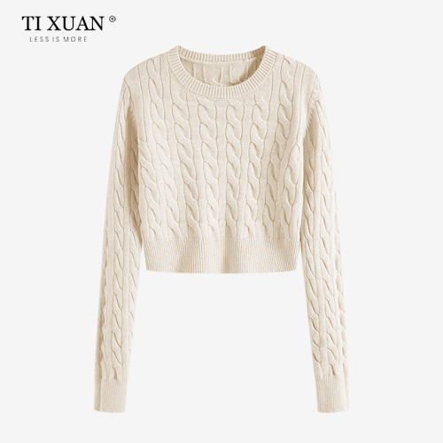 秋冬季圓領厚款毛衣女短款長袖修身高腰小個子內搭麻花針織打底衫