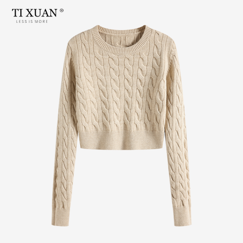 秋冬季圓領厚款毛衣女短款長袖修身高腰小個子內搭麻花針織打底衫