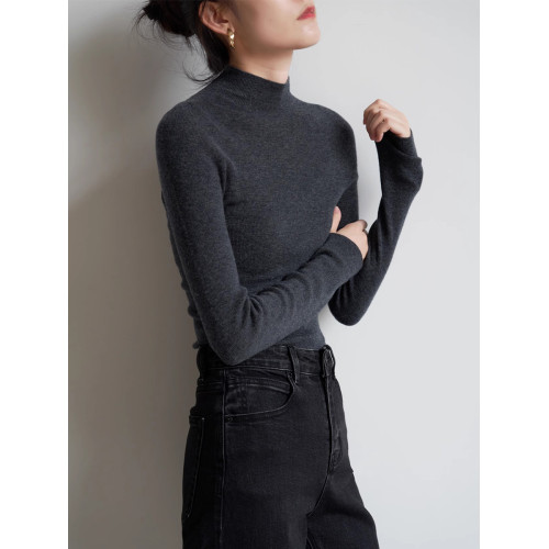 秋冬新款高級灰色半高領長袖羊毛修身通勤打底上衣女裝內搭針織衫 秋冬新款高級灰色半高領長袖羊毛修身通勤打底上衣女裝內搭針織衫