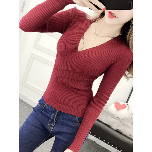 低胸打底衫女士秋冬內搭性感毛衣收腰顯瘦緊身交叉深v領針織上衣 低胸打底衫女士秋冬內搭性感毛衣收腰顯瘦緊身交叉深v領針織上衣