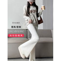 加厚休閒褲子女秋冬坑條針織微喇叭褲高腰顯瘦垂感拖地濶腿馬蹄褲