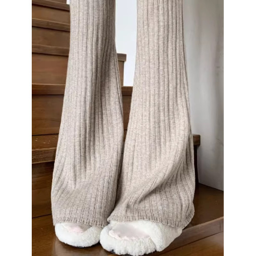 加厚休閒褲子女秋冬坑條針織微喇叭褲高腰顯瘦垂感拖地濶腿馬蹄褲