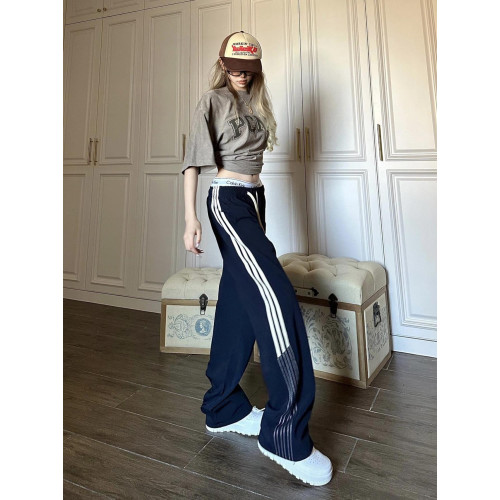 180高個子超長美式高街三條杠休閒運動褲女秋冬寬松直筒濶腿衛褲