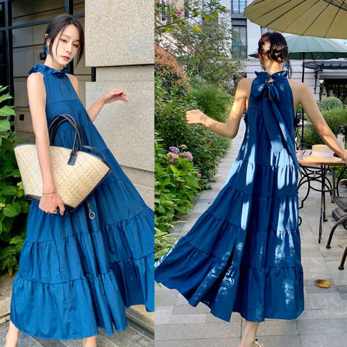 2025新款波西米亞藍色沙灘裙仙韓版顯瘦三亞海邊度假長裙連衣裙女