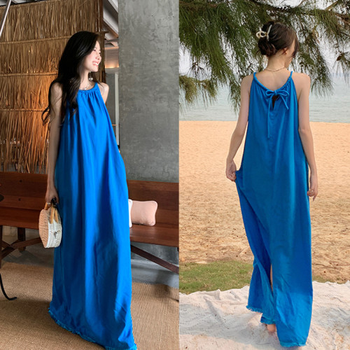 2025新款波西米亞藍色沙灘裙仙韓版顯瘦三亞海邊度假長裙連衣裙女