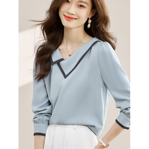 娃娃領長袖女士襯衫春季2025年新款別致雪紡遮肚小衫百搭氣質上衣