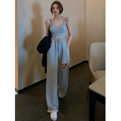 網紅韓國東大門春夏吸睛黃毛邊高腰濶腿褲女破洞休閒褲顯瘦拖地褲