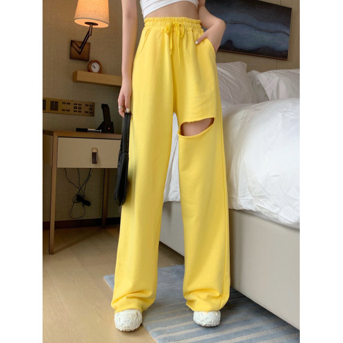 網紅韓國東大門春夏吸睛黃毛邊高腰濶腿褲女破洞休閒褲顯瘦拖地褲 網紅韓國東大門春夏吸睛黃毛邊高腰濶腿褲女破洞休閒褲顯瘦拖地褲