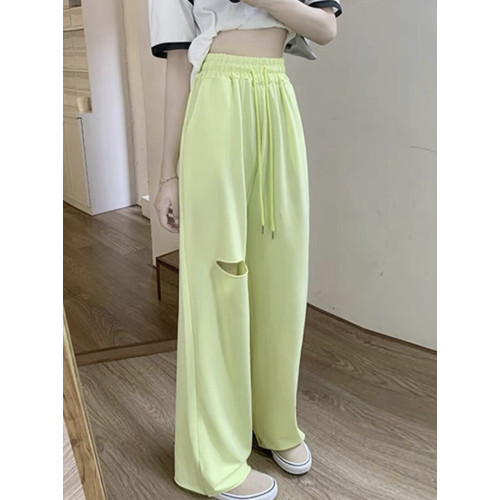 網紅韓國東大門春夏吸睛黃毛邊高腰濶腿褲女破洞休閒褲顯瘦拖地褲 網紅韓國東大門春夏吸睛黃毛邊高腰濶腿褲女破洞休閒褲顯瘦拖地褲