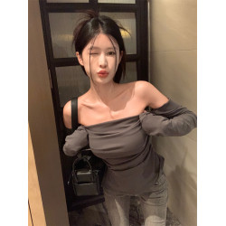 純欲甜辣妹抹胸一字肩上衣女秋冬美拉德不規則開叉長袖打底衫內搭