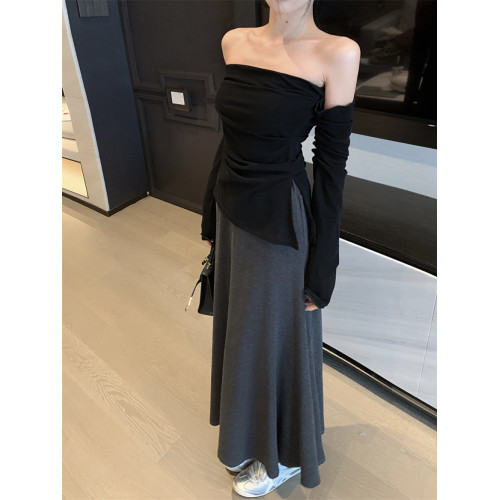 純欲甜辣妹抹胸一字肩上衣女秋冬美拉德不規則開叉長袖打底衫內搭