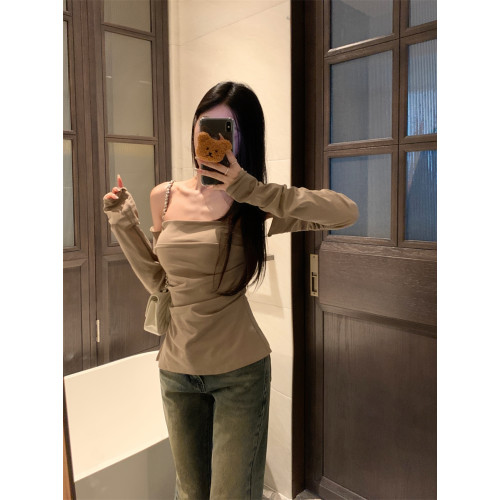 純欲甜辣妹抹胸一字肩上衣女秋冬美拉德不規則開叉長袖打底衫內搭