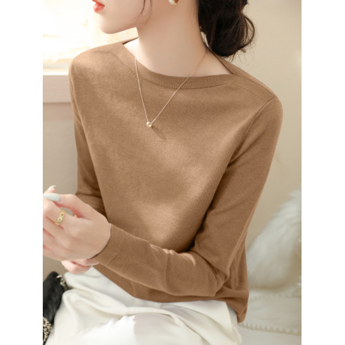 高級法式一字肩長袖針織打底衫女秋冬新款修身內搭別致慵懶風上衣