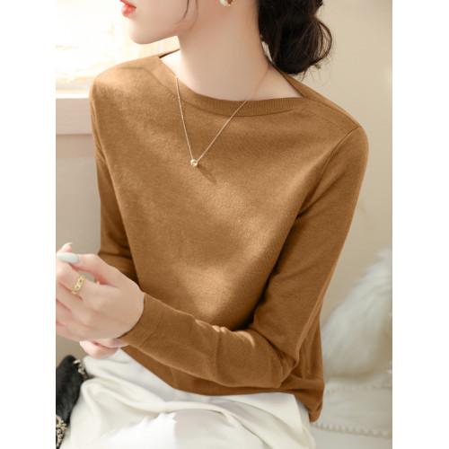 高級法式一字肩長袖針織打底衫女秋冬新款修身內搭別致慵懶風上衣