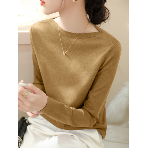 高級法式一字肩長袖針織打底衫女秋冬新款修身內搭別致慵懶風上衣