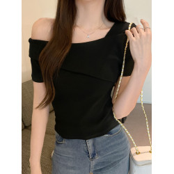 小衆氣質不規則一字肩短袖t恤女夏季新款純欲辣妹設計感體恤上衣