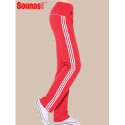 直筒運動褲女春秋時尚條紋彈力透氣三條杠跑步健身廣場舞蹈休閒褲